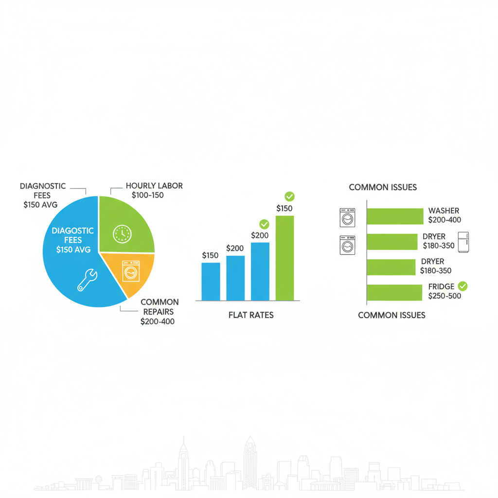 Infographic showing average appliance repair costs in Cleveland including diagnostics, labor, and common fixes