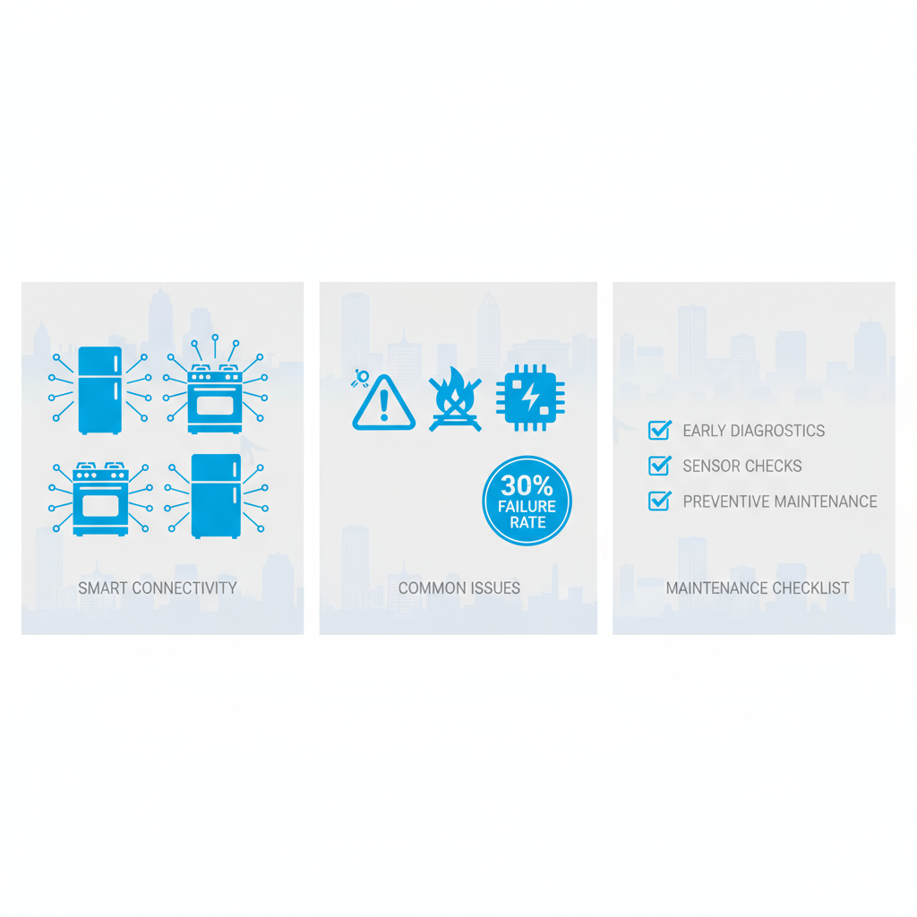 Infographic showing Thermador appliance types, common problems like compressor failures, and preventive maintenance checklist