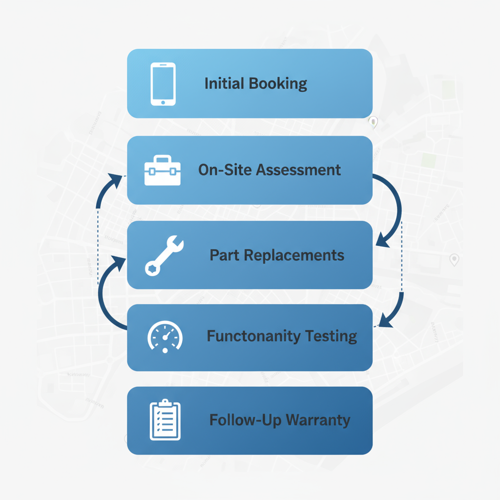 Vertical process flow diagram showing five stages of Thermador appliance repair from booking to warranty