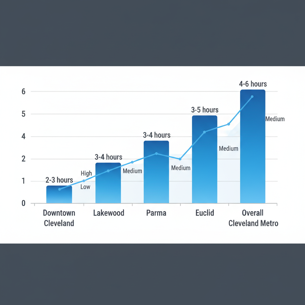 Bar chart showing average response times for washer and dryer repairs in Cleveland neighborhoods with service density overlay