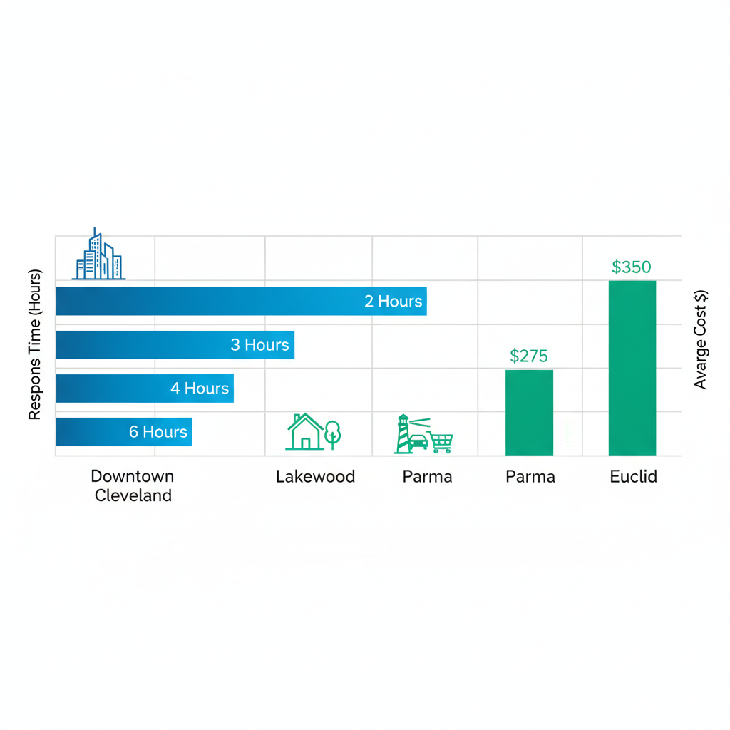 Bar chart comparing response times and costs for refrigerator repairs across Cleveland neighborhoods