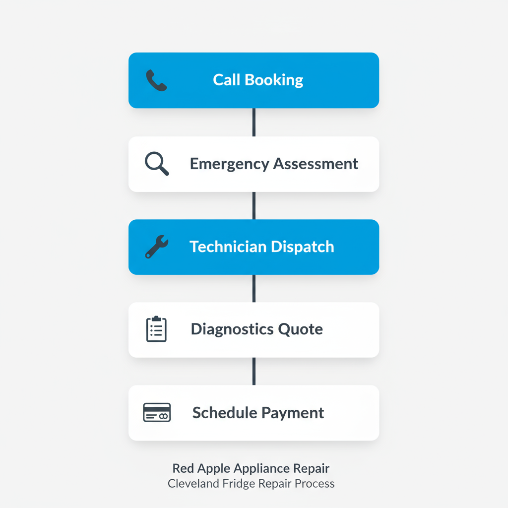 Vertical flowchart illustrating the five-step process for starting fridge repair service with Red Apple in Cleveland