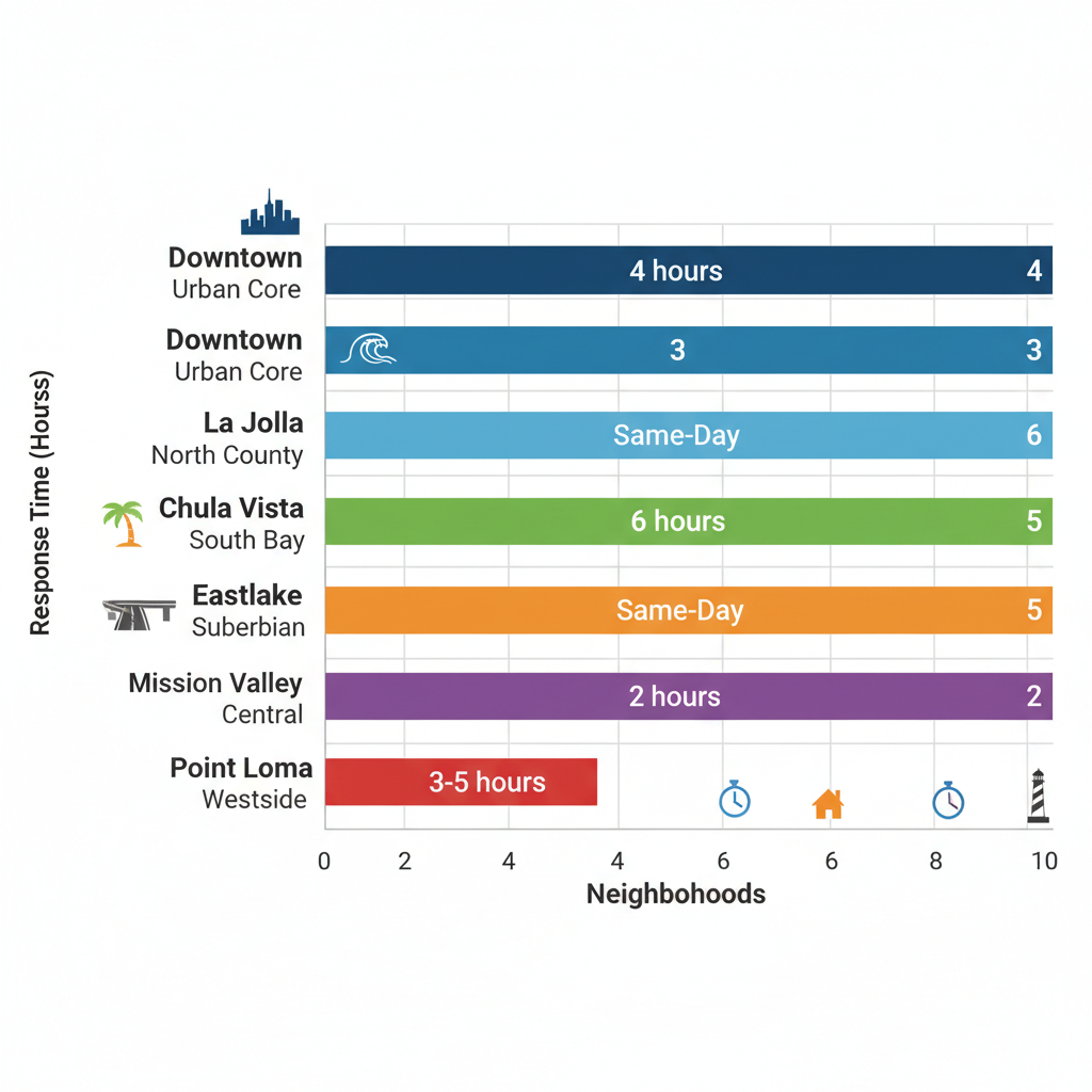 Horizontal bar chart of average response times for refrigerator repairs in six San Diego neighborhoods with color-coded bars and subtle location icons.