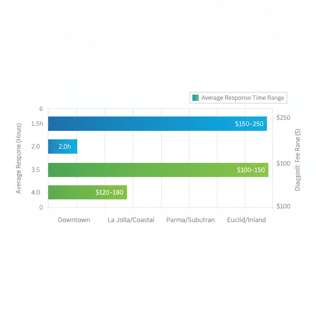 Horizontal bar chart comparing average response times and diagnostic fees for appliance repair in four San Diego neighborhoods