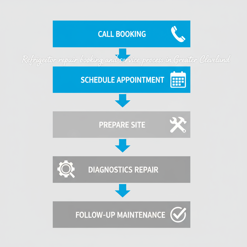 Vertical process flow diagram illustrating five steps for refrigerator repair service: booking, scheduling, preparation, diagnostics, and follow-up