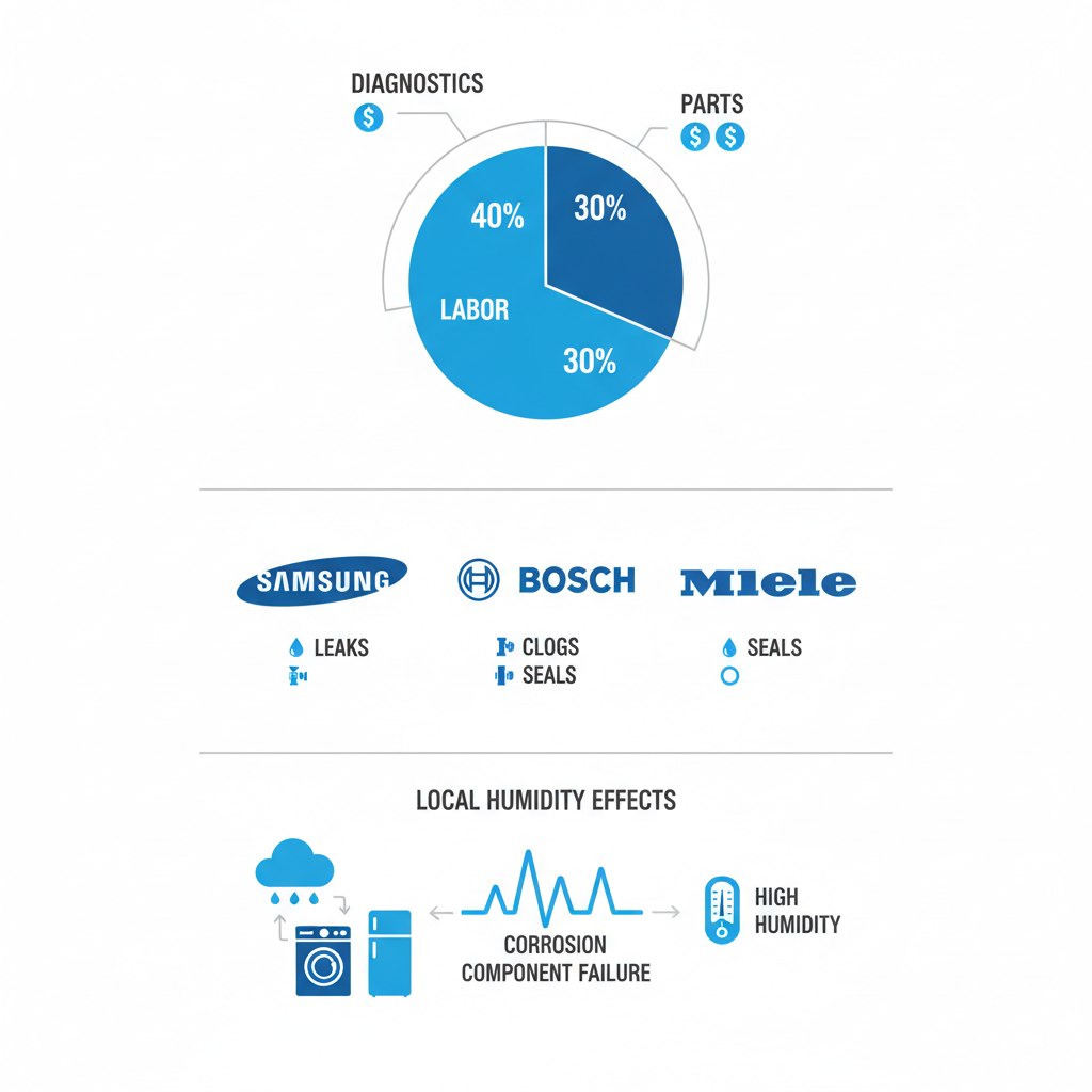 Infographic illustrating cost breakdown, brand challenges, and local environmental impacts on appliance repairs in Cleveland
