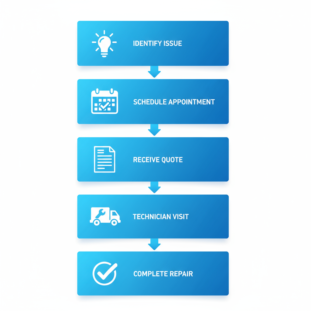 Vertical process flow diagram illustrating five steps to start appliance repair service: identify issue, schedule appointment, receive quote, technician visit, and complete repair
