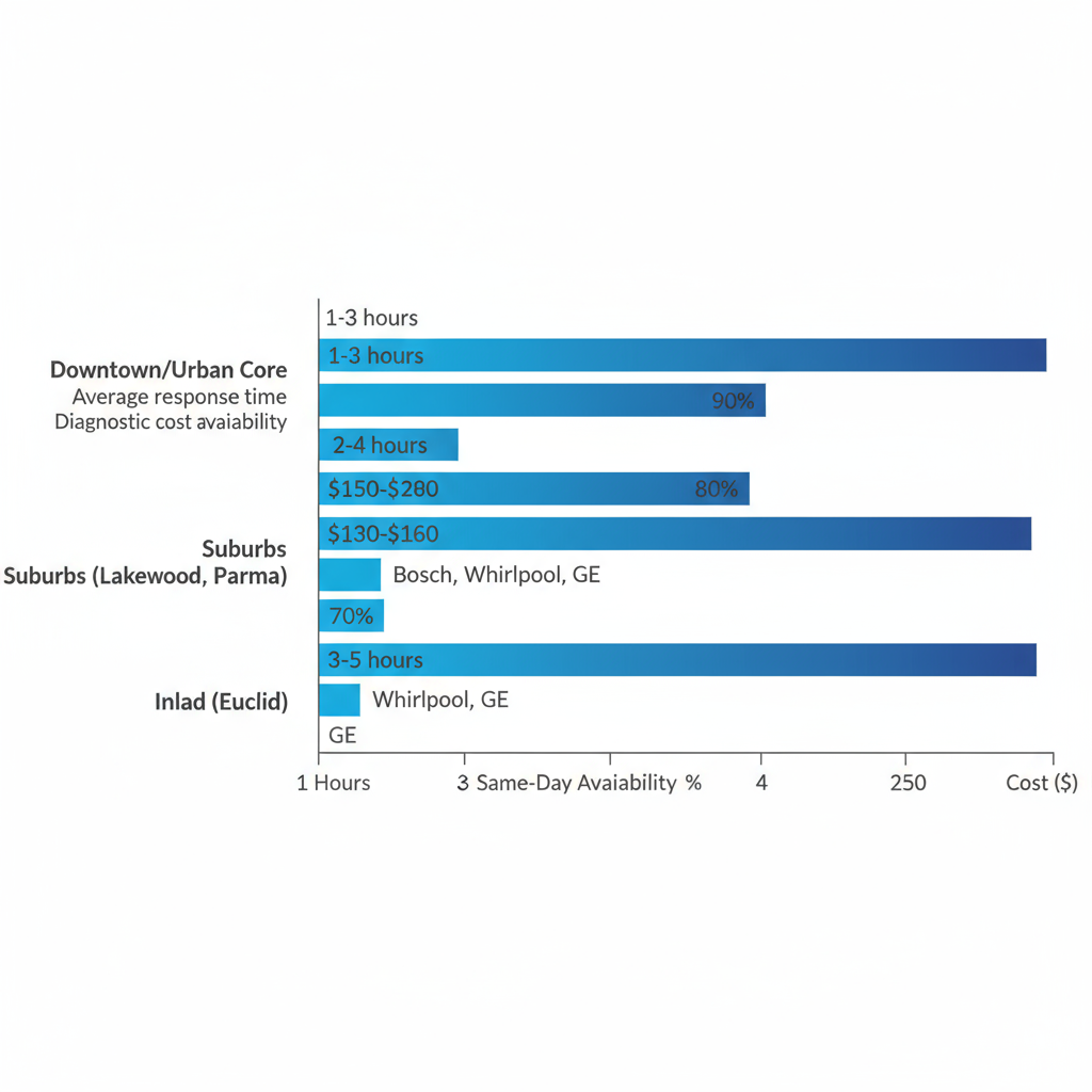 Horizontal bar chart comparing dishwasher repair metrics across Cleveland neighborhoods including response times, costs, availability, and brands