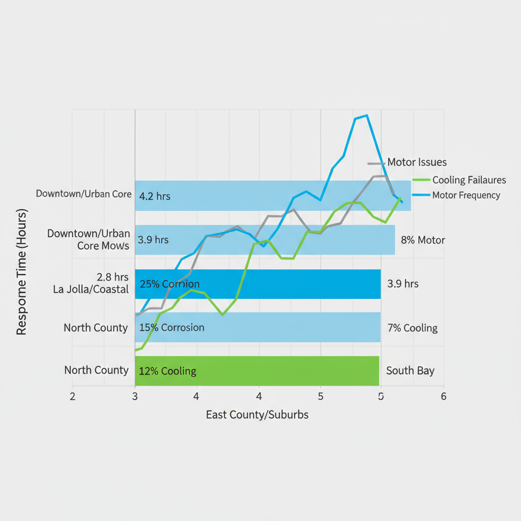Horizontal bar chart of Maytag repair response times and issue frequencies by San Diego neighborhoods