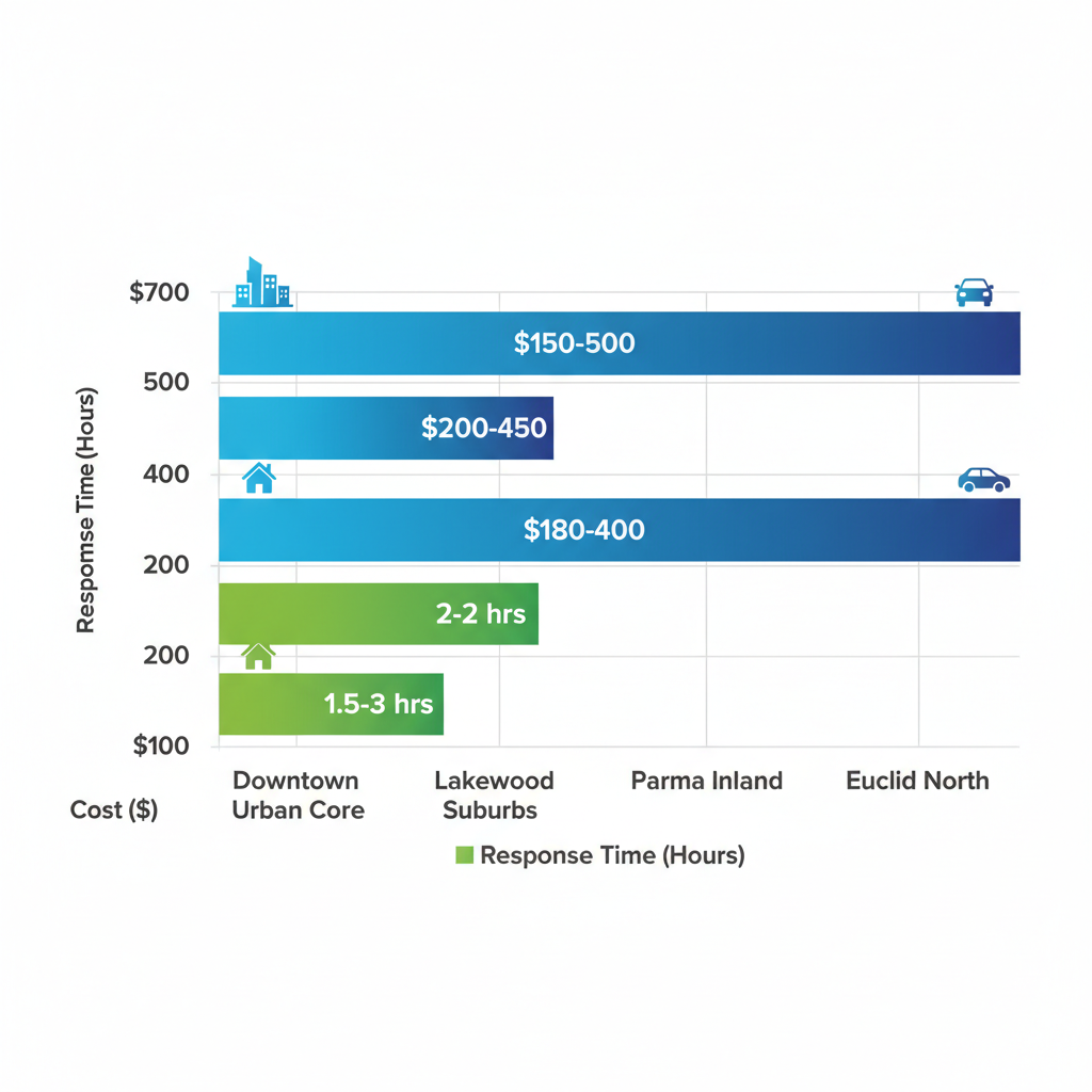 Bar chart of appliance repair cost ranges and response times by Cleveland neighborhood