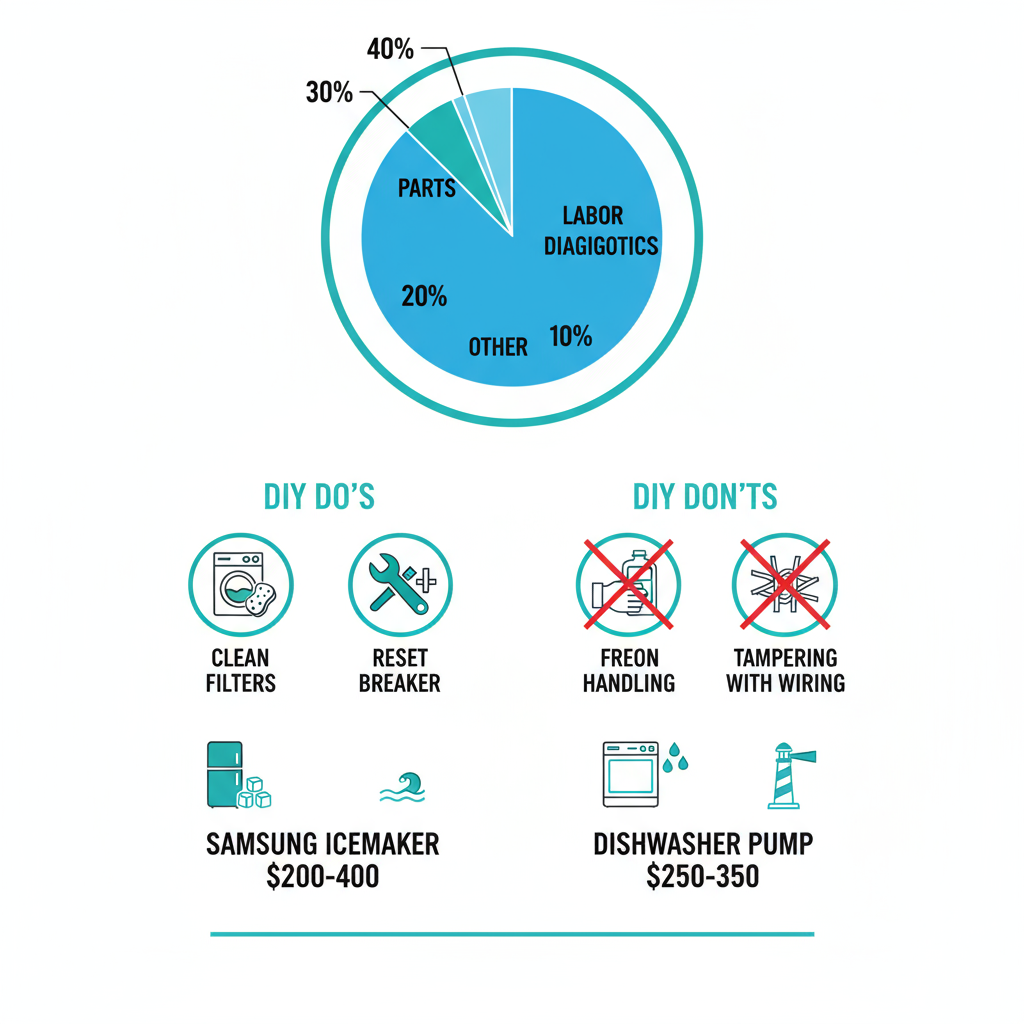 Infographic illustrating appliance repair cost breakdown, DIY guidelines, and fix estimates overview