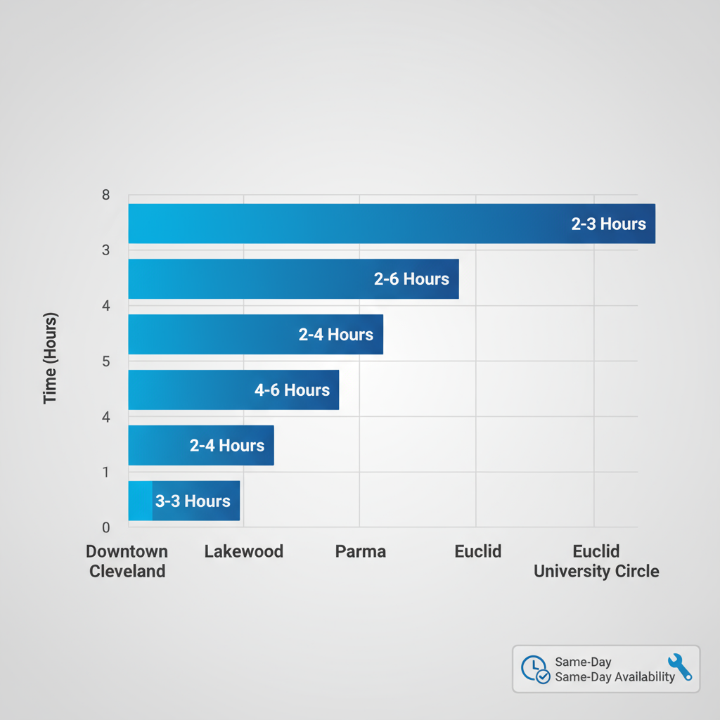 Horizontal bar chart of Viking appliance repair response times in Cleveland neighborhoods