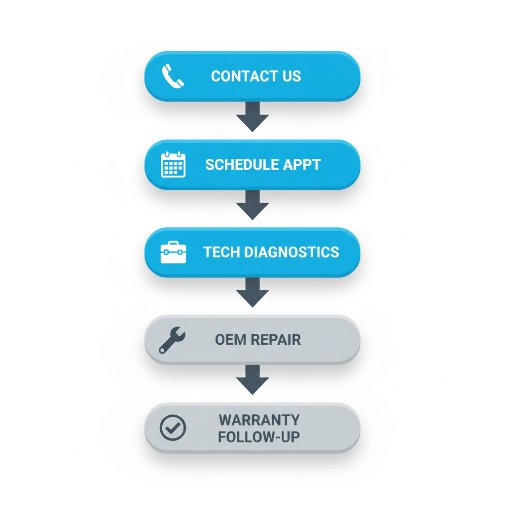 Vertical flowchart illustrating the five-step process for initiating appliance repair service with Red Apple in Cleveland