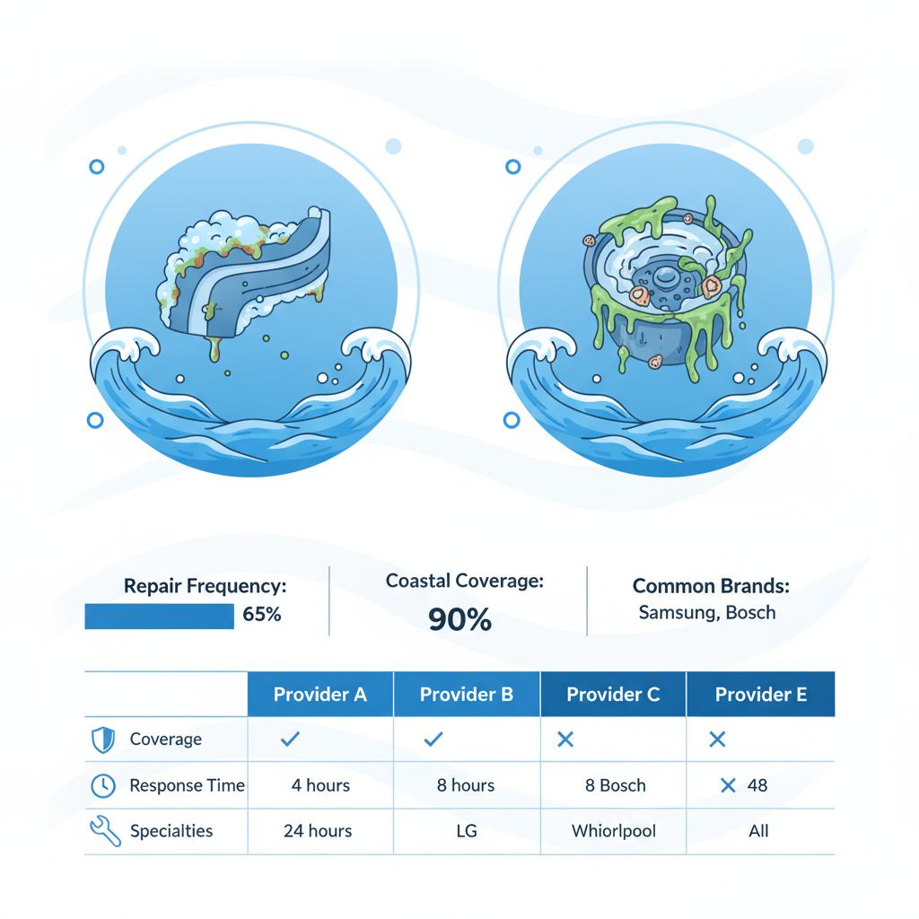 Infographic depicting appliance repair challenges due to coastal humidity and provider comparisons in Long Beach