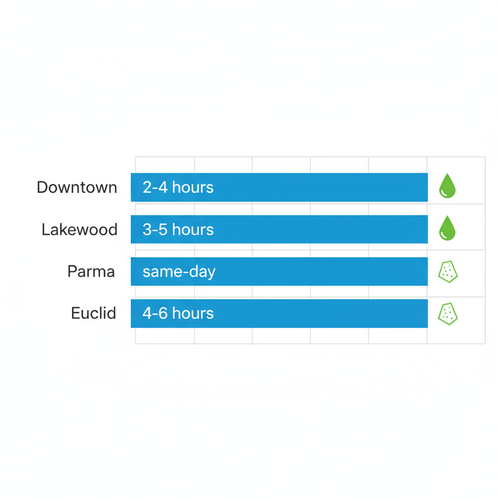 Horizontal bar chart illustrating response times and service availability for washer and dryer repairs in Cleveland neighborhoods