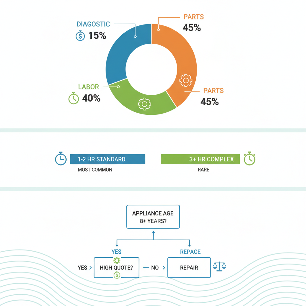 Infographic showing cost breakdown, repair durations, and repair vs replacement decisions for appliances in Long Beach