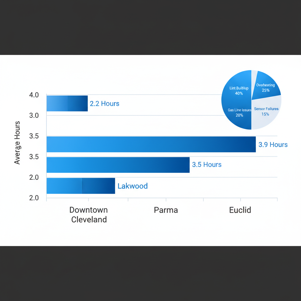Horizontal bar chart of dryer repair response times in Cleveland neighborhoods with inset pie chart of common issues