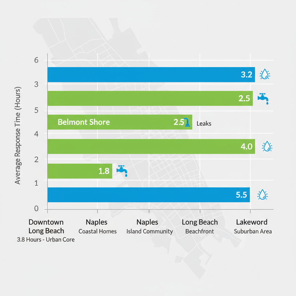 Horizontal bar chart comparing average dishwasher repair response times across Long Beach neighborhoods, featuring issue icons and coverage labels