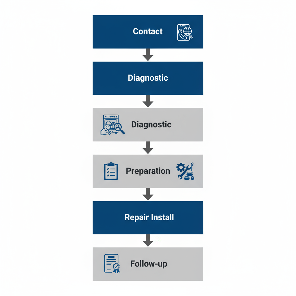 Vertical flowchart illustrating the five-step process for initiating dishwasher repair service from contact to follow-up