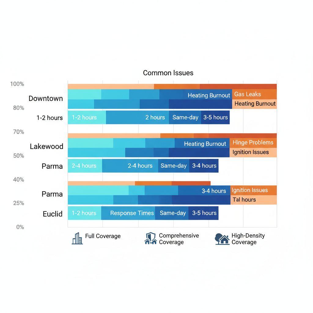 Bar chart comparing oven repair response times and issues in Cleveland neighborhoods