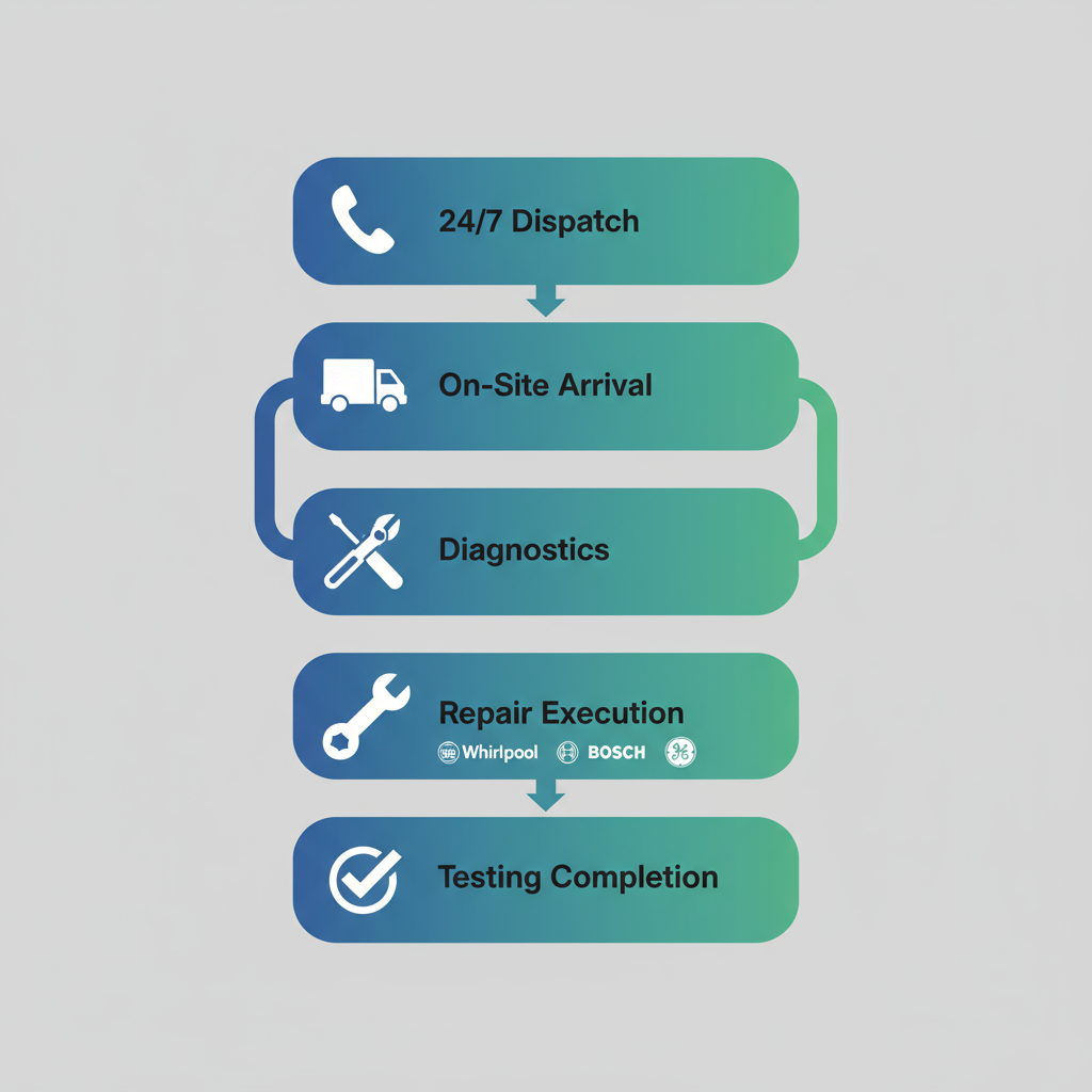 Vertical flowchart illustrating the five-step oven repair process from dispatch to completion