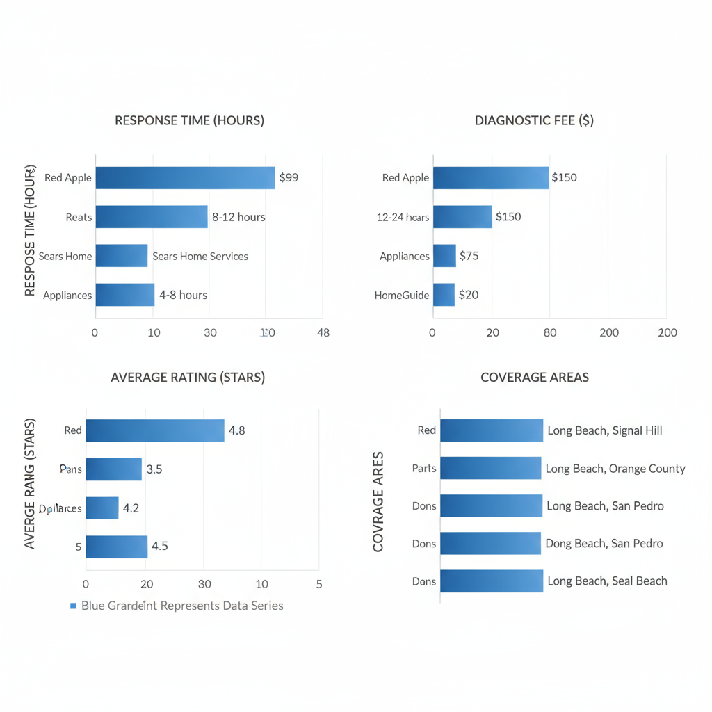 Horizontal bar chart comparing Maytag appliance repair providers by response time, fees, ratings, and coverage in Long Beach