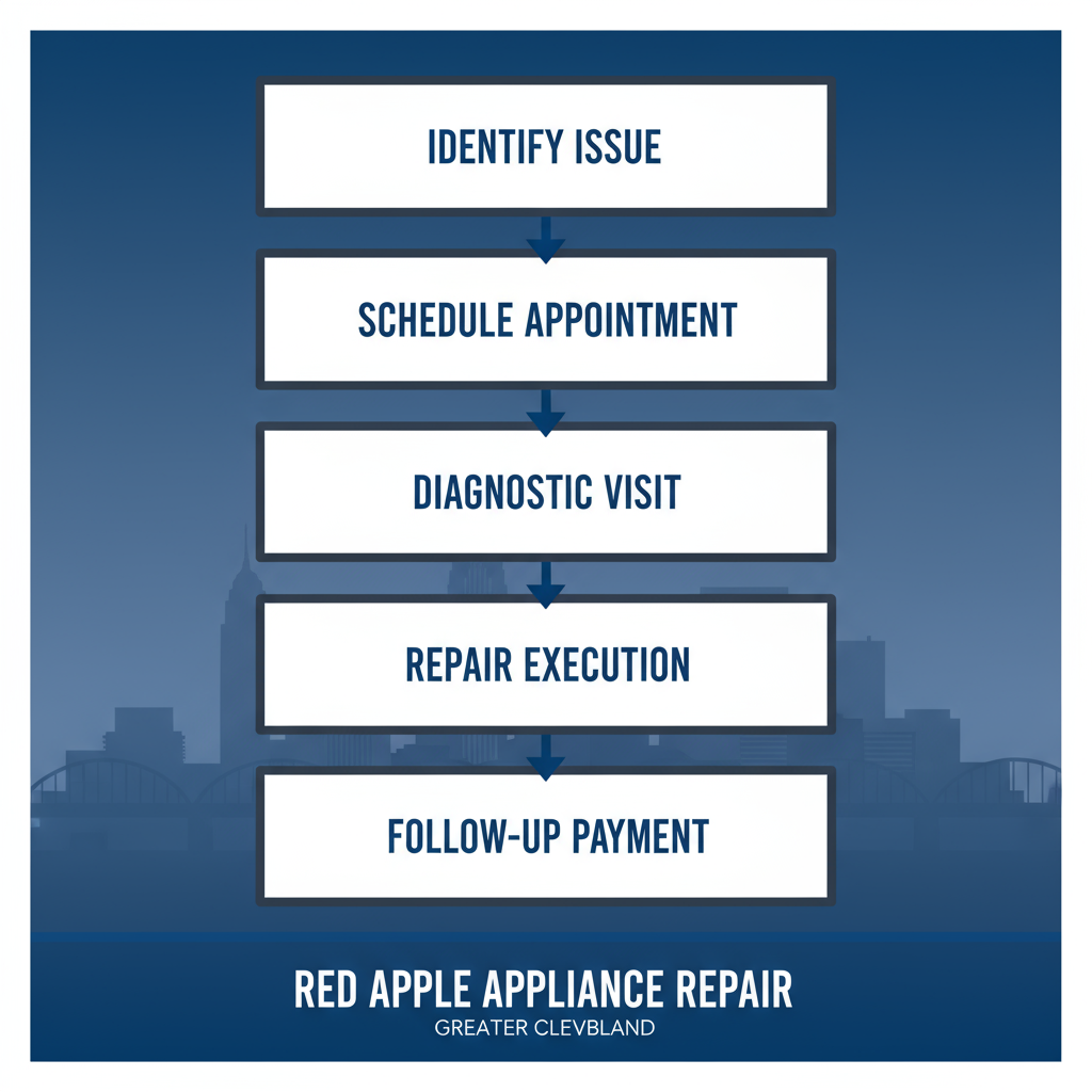 Vertical flowchart depicting the five-step appliance repair process from issue identification to payment completion