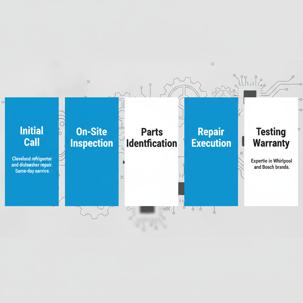 Vertical process flow diagram showing five steps for refrigerator and dishwasher repairs: initial call, on-site inspection, parts identification, repair execution, and testing with warranty, featuring icons and blue gradients on white background