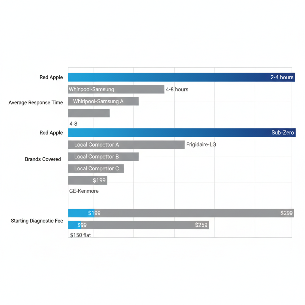 Horizontal bar chart comparing Anaheim fridge repair providers by response time, brands covered, and diagnostic fees