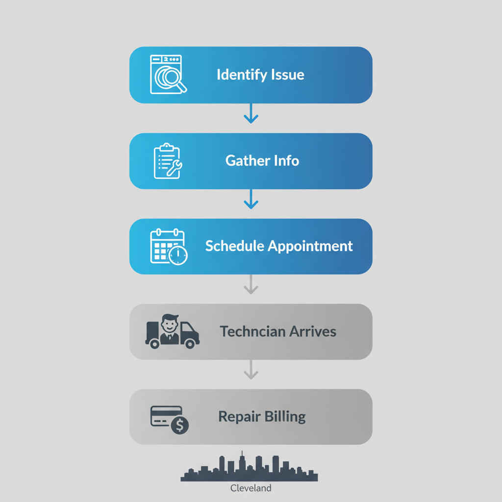 Vertical flowchart showing five steps to start fridge repair service including issue identification, information gathering, scheduling, technician arrival, and repair completion