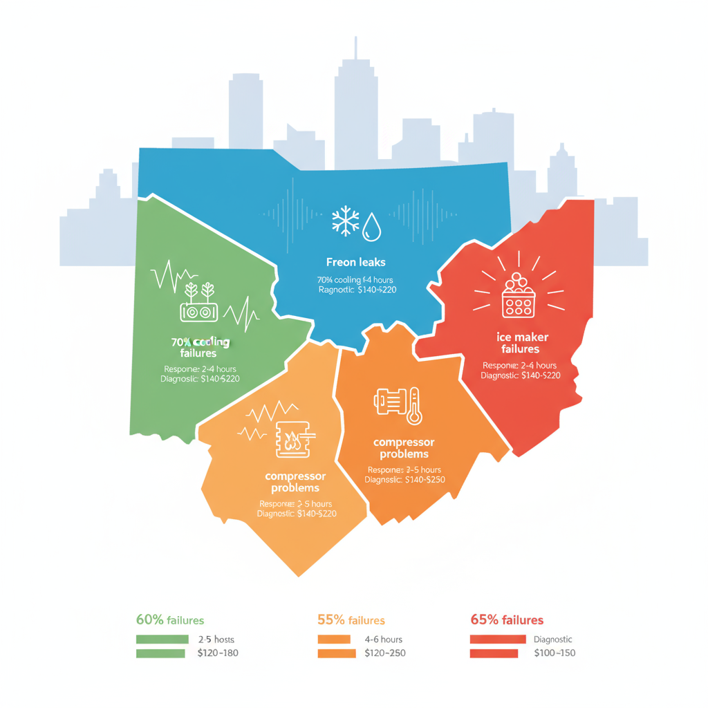 Infographic map of Cleveland neighborhoods highlighting common refrigerator repair issues, response times, and diagnostic costs