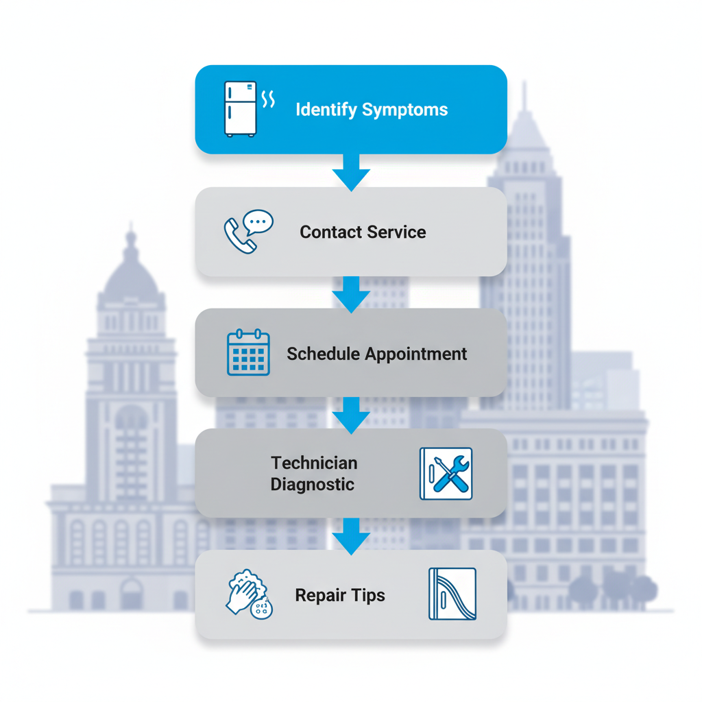 Vertical process flow diagram showing five steps for refrigerator repair diagnostics in Cleveland with icons and arrows
