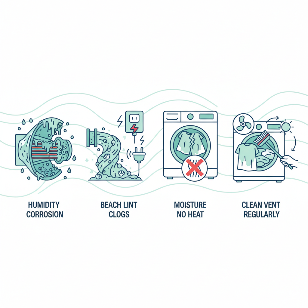 Infographic depicting common dryer issues and prevention tips in Anaheim's coastal climate with icons and brief labels
