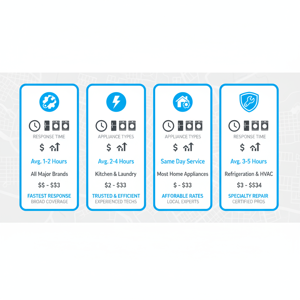Infographic comparing four major appliance repair providers in Anaheim with response time, services, and pricing icons