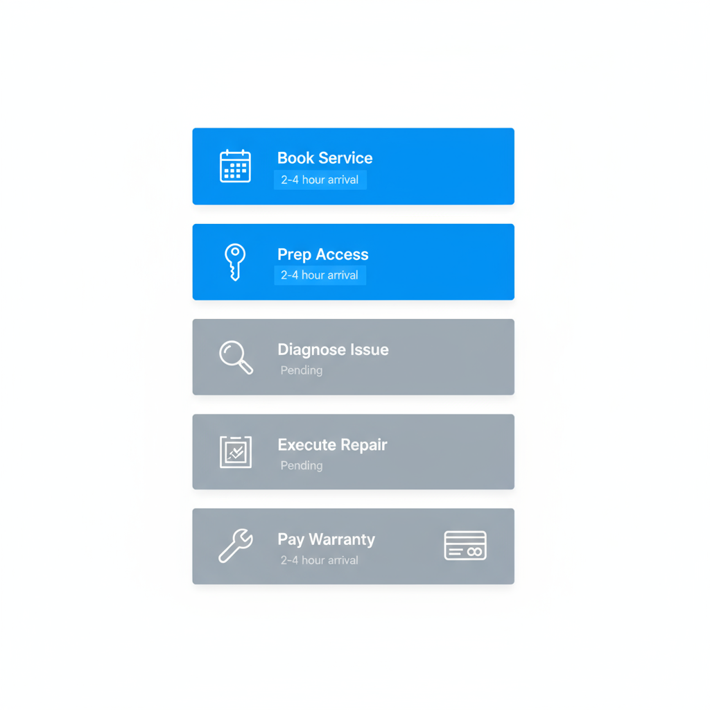 Vertical flowchart showing five steps in appliance repair service from booking to payment