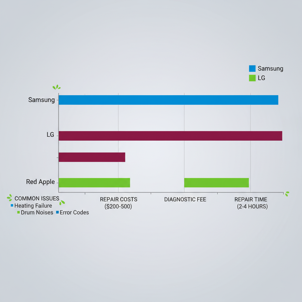 Horizontal bar chart comparing key aspects of Samsung, LG, and Red Apple dryer repairs including costs, fees, and times in Anaheim