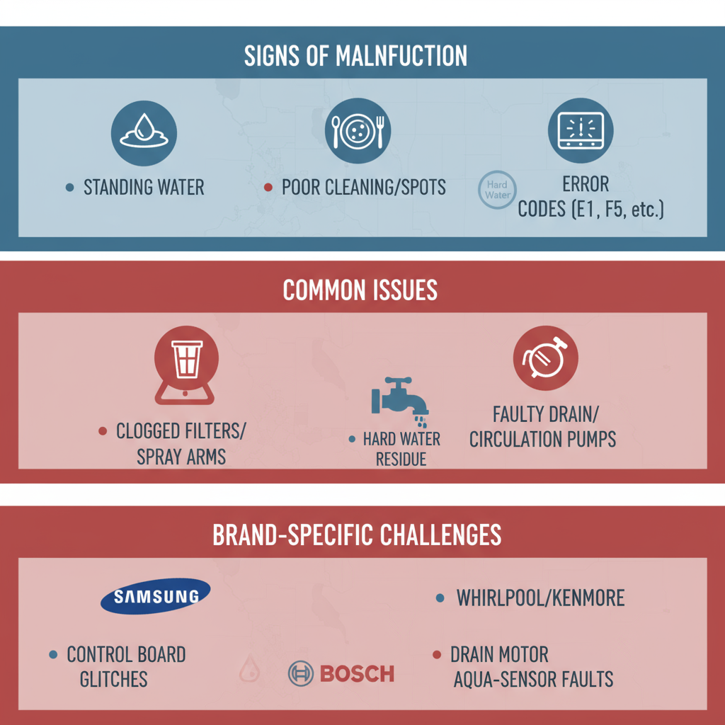 Infographic illustrating common dishwasher problems in Anaheim including repair signs, issues, and brand challenges