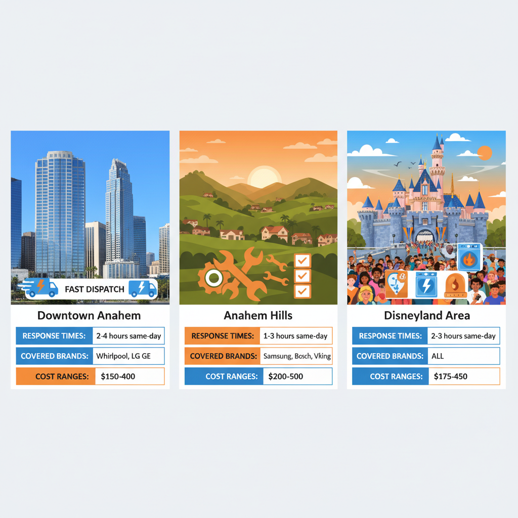 Infographic depicting washer and dryer repair challenges and services across Anaheim neighborhoods