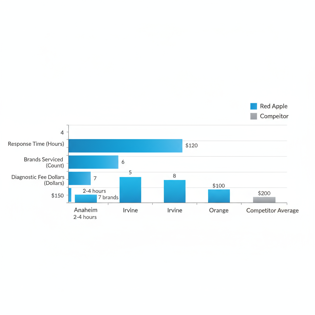 Horizontal bar chart comparing Red Apple appliance repair metrics including response time, brands serviced, and diagnostic fees against competitors in Anaheim, Irvine, Orange, and average areas.