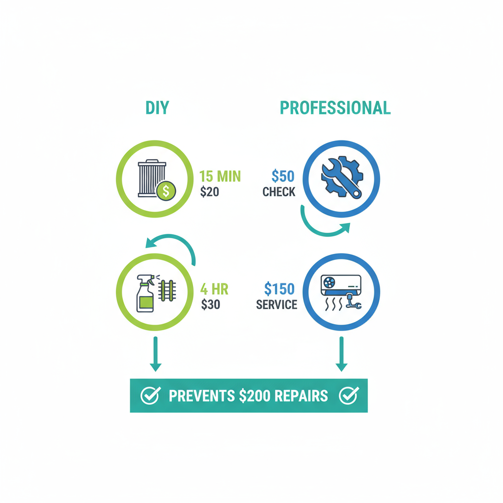 Visual comparison of DIY versus professional AC maintenance costs and benefits