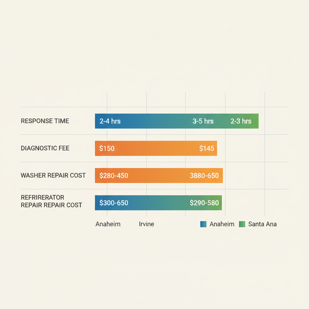 Horizontal bar charts comparing Maytag repair response times, fees, and costs across Anaheim, Irvine, and Santa Ana