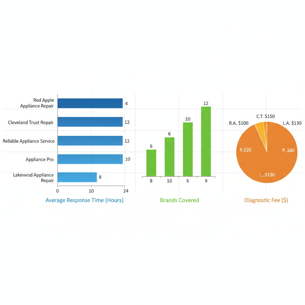 Bar chart comparing Cleveland appliance repair services on response time, brands, and fees