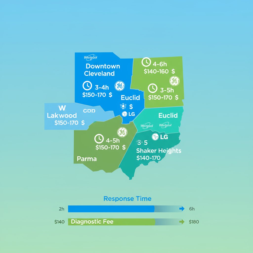 Infographic illustrating refrigerator repair challenges and coverage in Cleveland neighborhoods with map and comparison chart