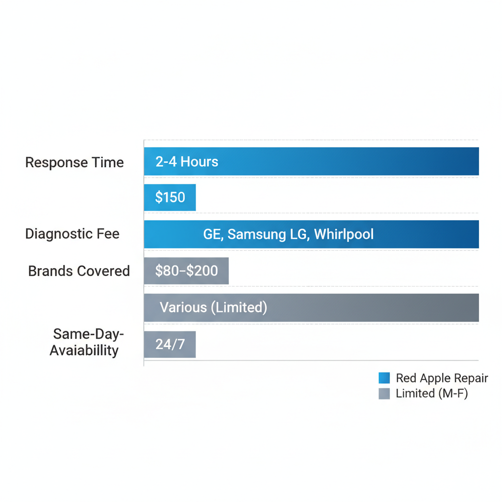 Horizontal bar chart comparing fridge repair services in Irvine by response time, fee, brands, and availability