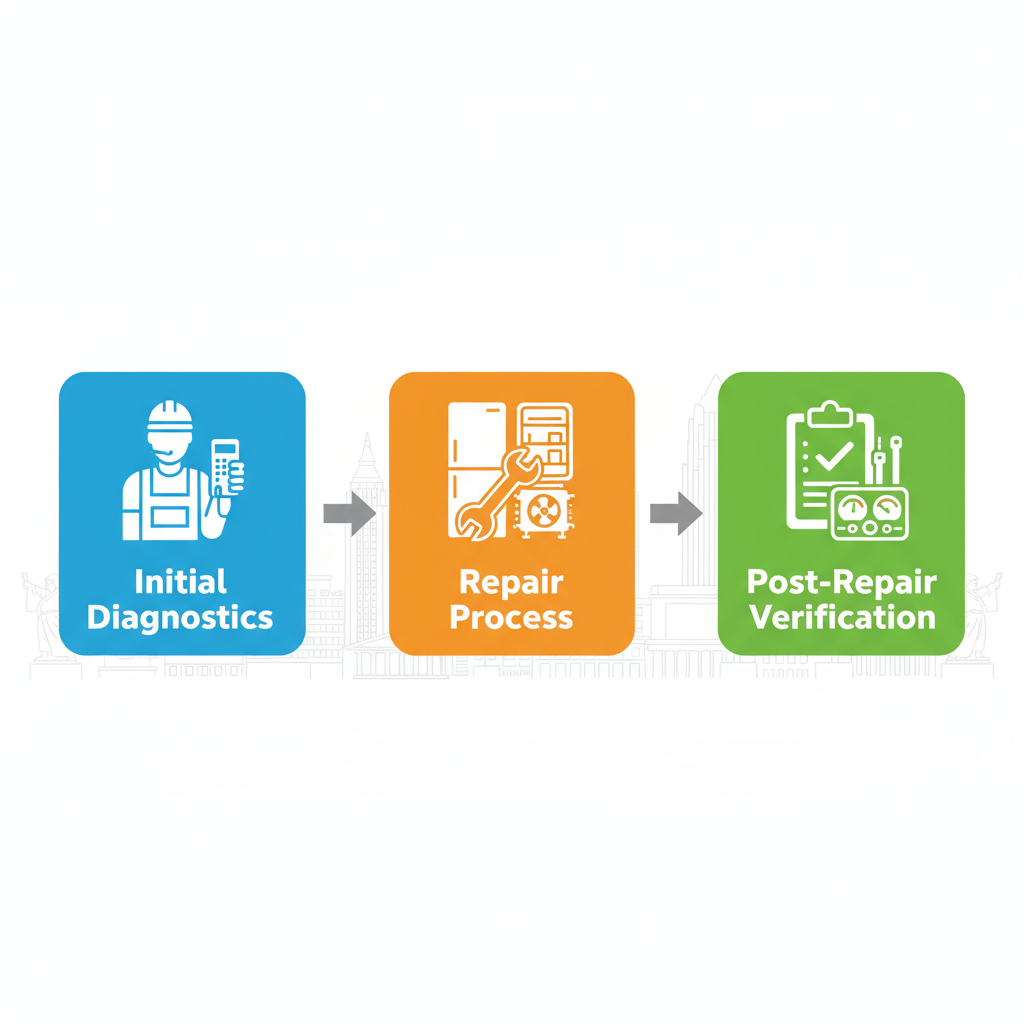 Horizontal diagram showing three stages of professional fridge repair: diagnostics, repair, and verification
