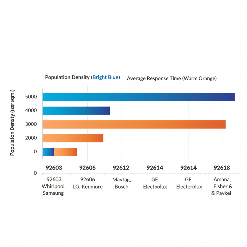 Horizontal bar chart comparing population density and response times for dryer repairs in Irvine ZIP codes with brand annotations