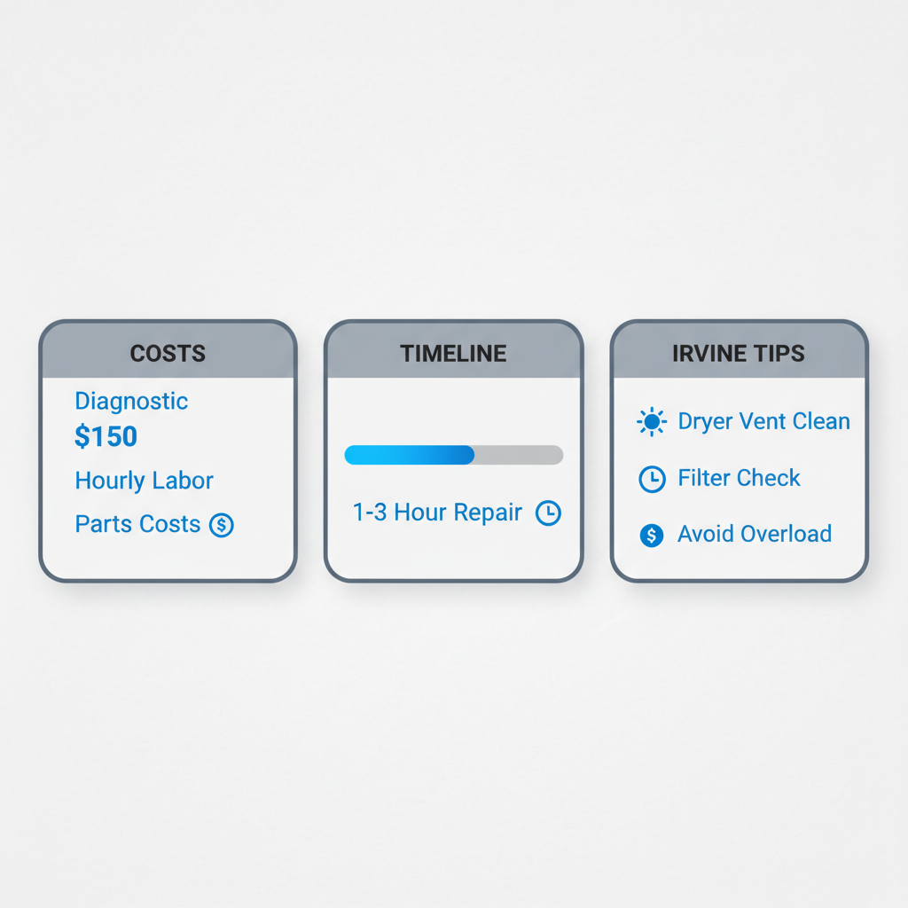 Infographic illustrating dryer repair costs, timelines, and environmental tips for Irvine