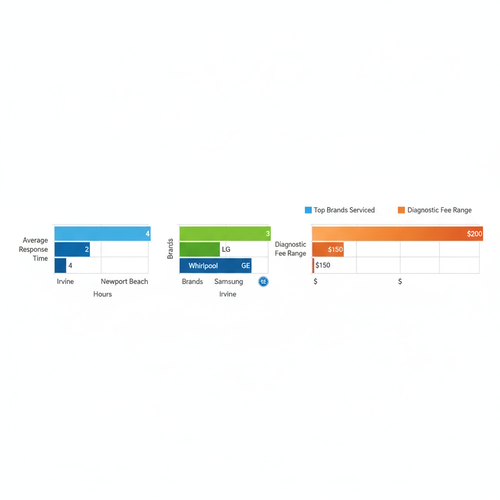 Horizontal bar chart comparing response times, serviced brands, and diagnostic fees for appliance repairs in Irvine versus nearby Orange County areas
