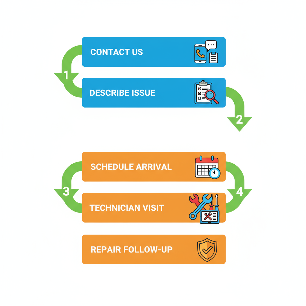 Vertical process flow diagram illustrating the five steps to book washer and dryer repair service in Cleveland