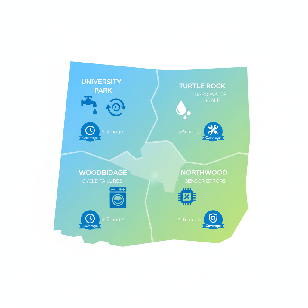 Infographic map of Irvine neighborhoods highlighting dishwasher issues, response times, and service coverage